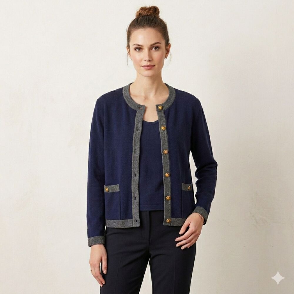 VTG 90s Urban Wool Navy Knit Cardigan Tank Twin Set Gold Crest Buttons Size M/L